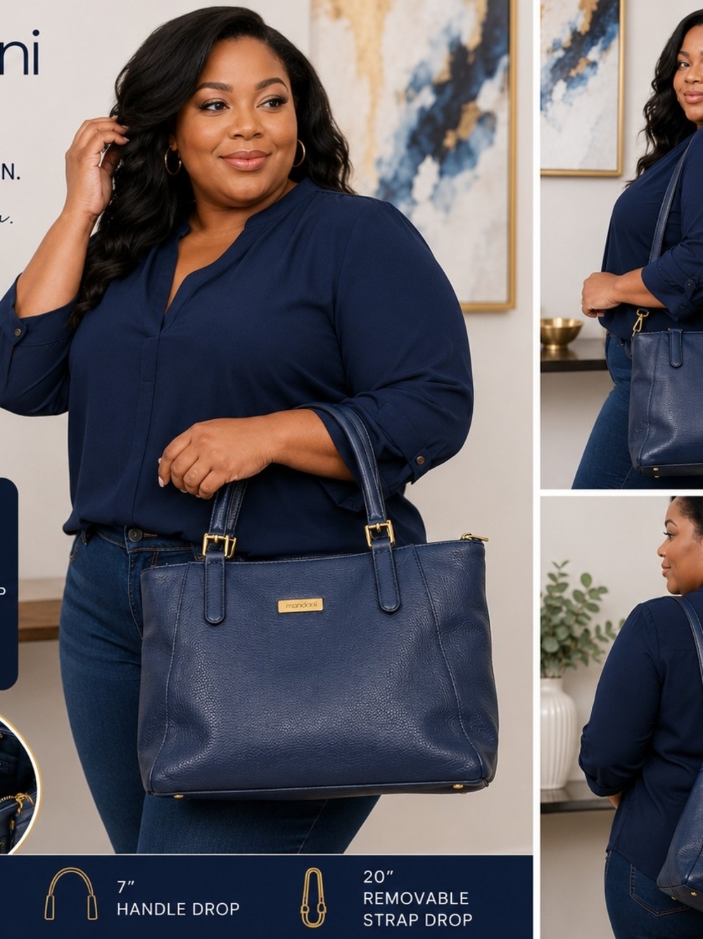 Mondani New York Navy Blue Faux Leather Tote Crossbody Handbag